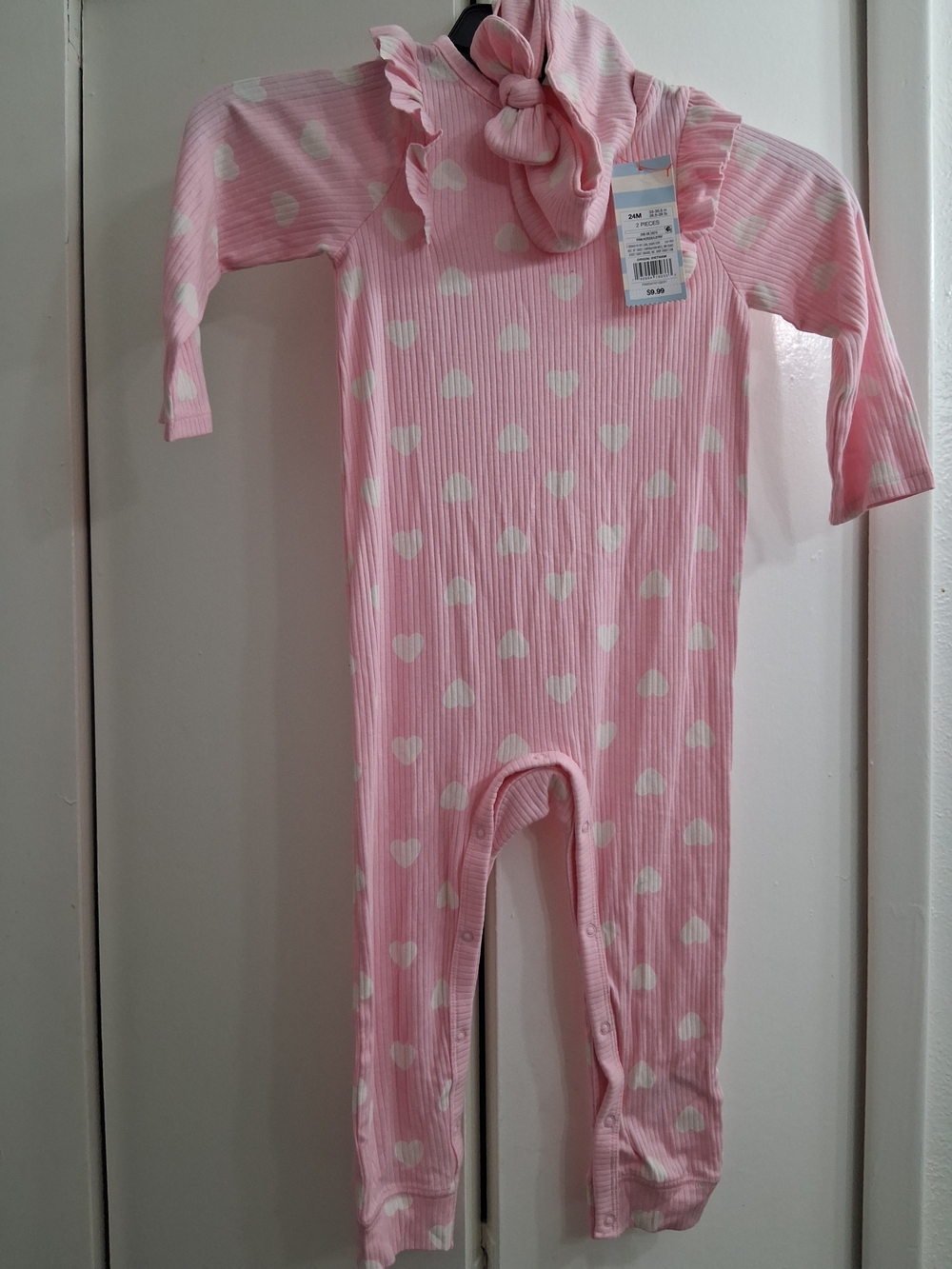 Cat & Jack Pink Ribbed Heart-Print One-Piece with Matching Headband